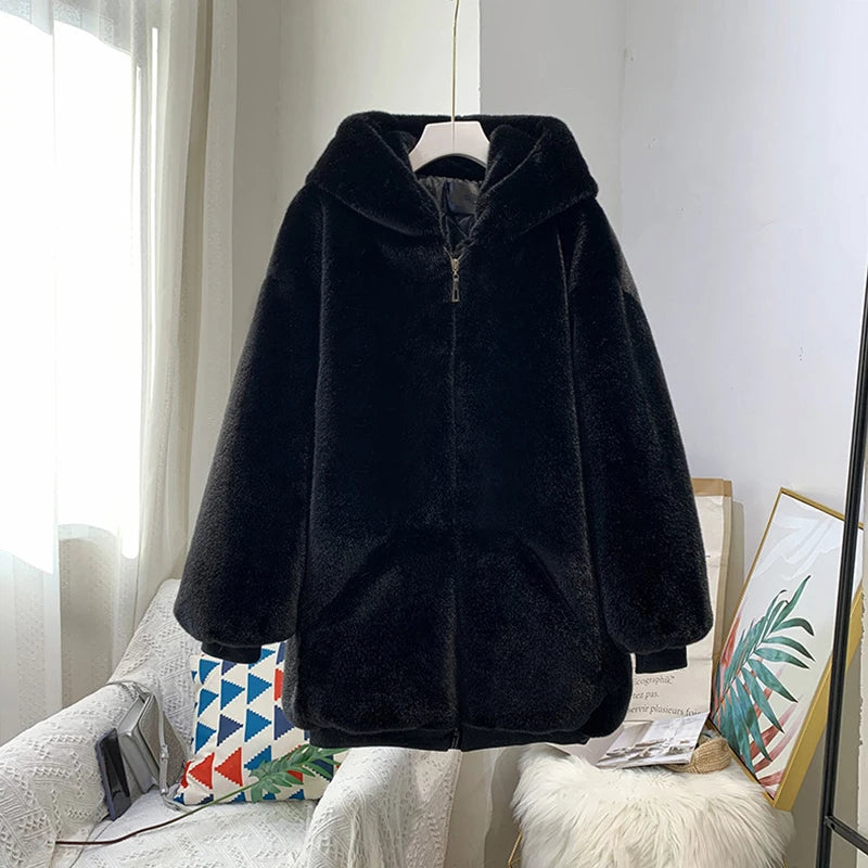 Rabbit Fur Coat Jacket Zipper Hooded Thick Warm Sporty Streetwear