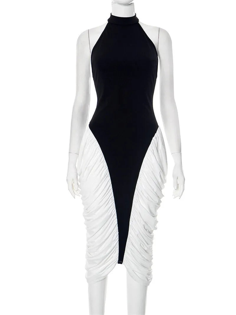 Patchwork Halter Backless Sleeveless Pleated Midi Dress
