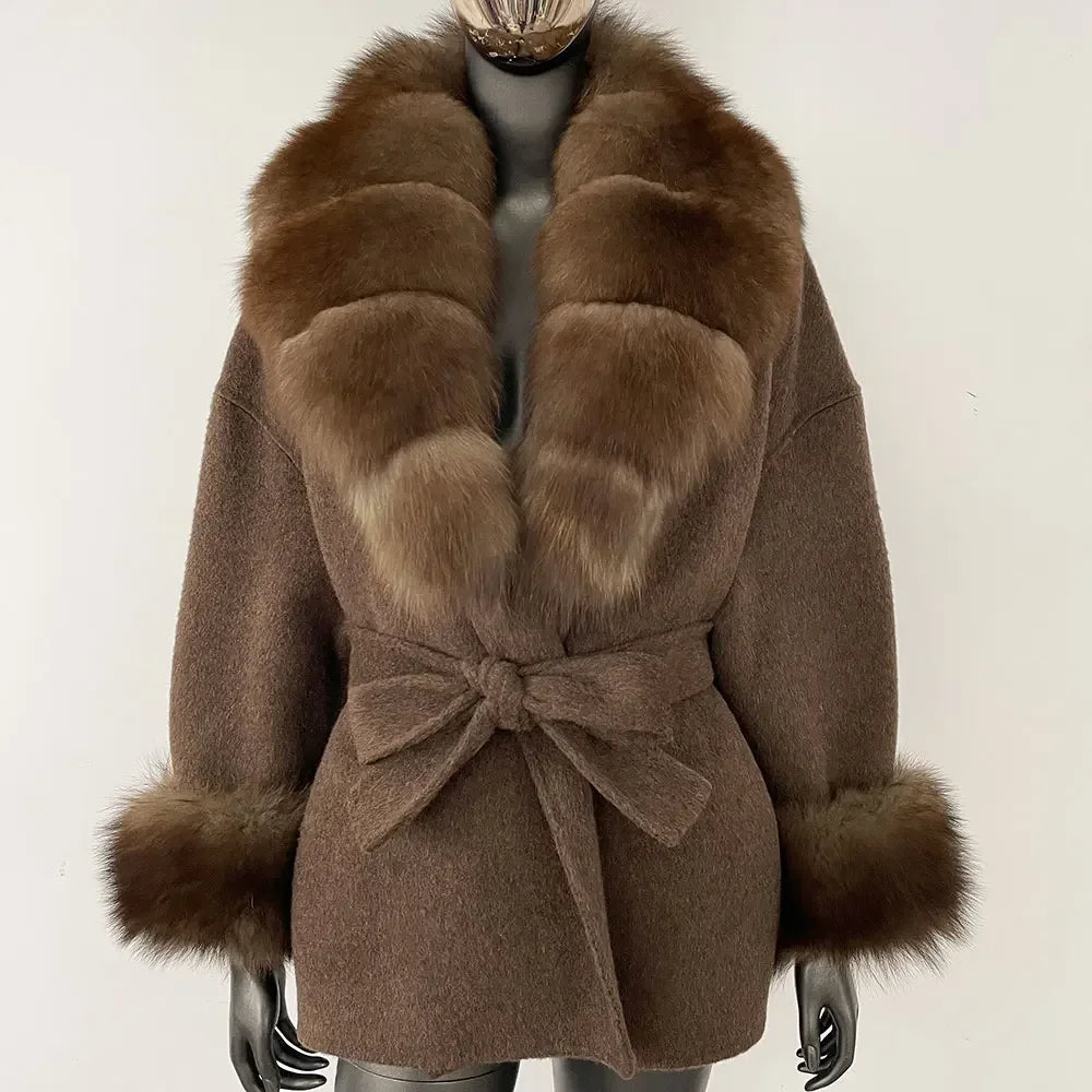 Winter Loose Outerwear Casual Natural Real Raccoon Fox Fur Blends Wool Coat