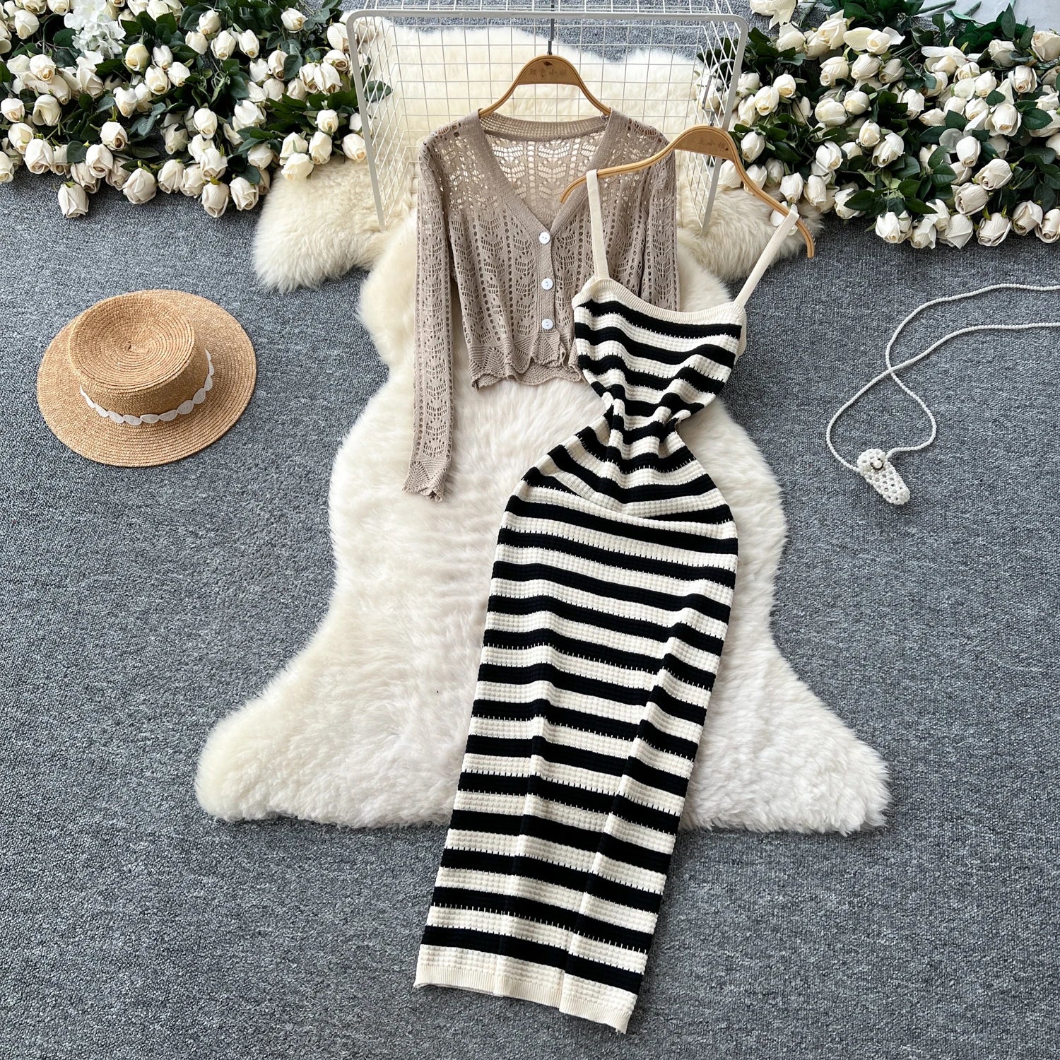 Two piece set Hook flower hollow striped Two Piece Set
