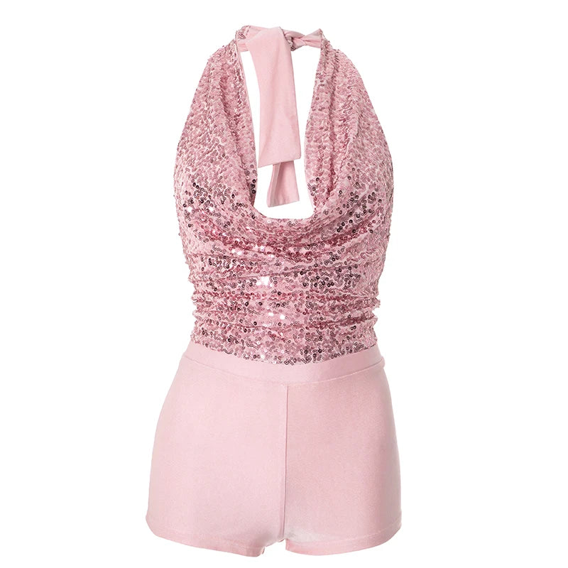 2 Piece Set Women Y2K Hipster Halter Bandage Swing Collar Tank Tops+Shorts Matching Set