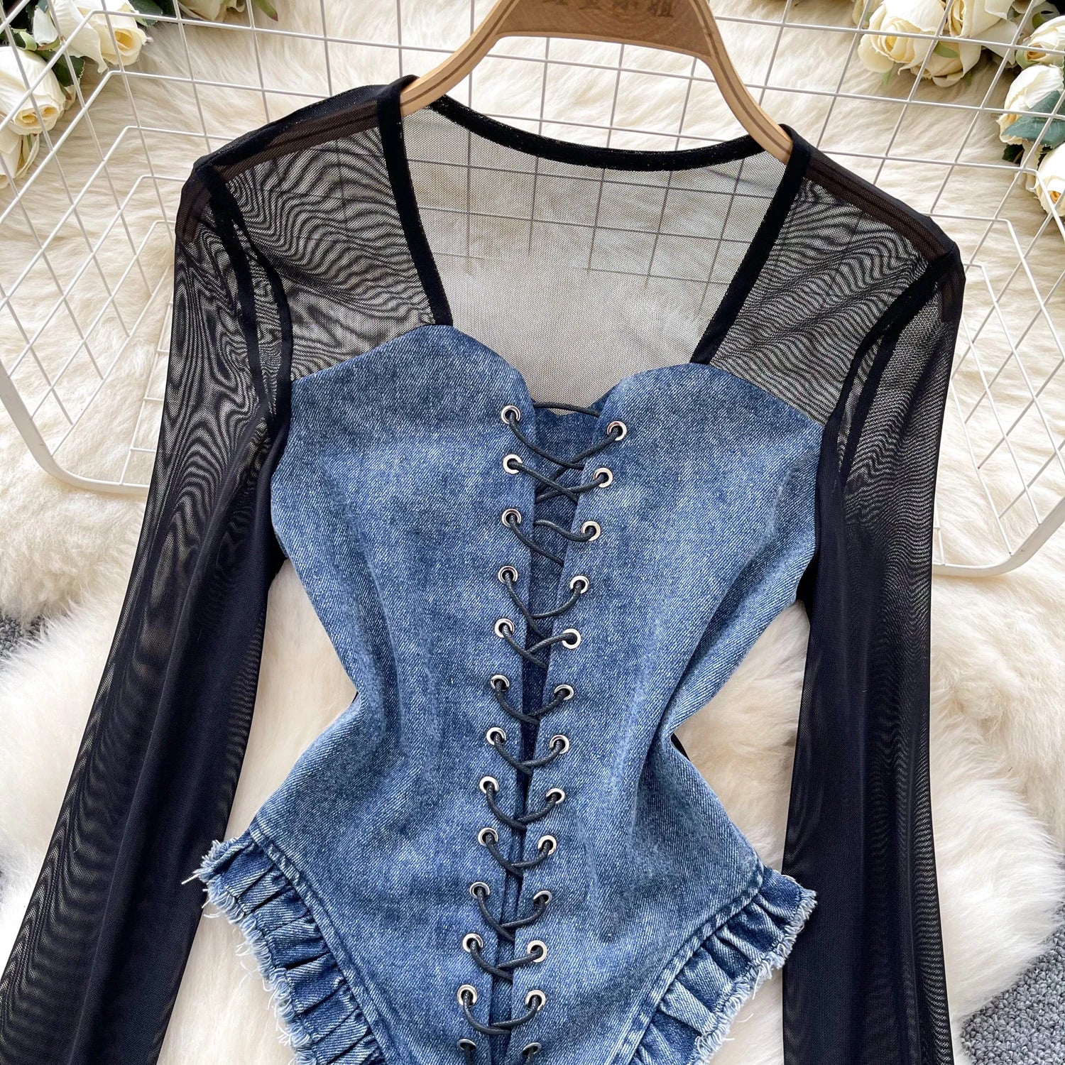 Retro Patchwork Long Sleeves Sheer Lace Up Denim Bodysuit