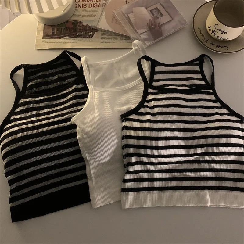 Casual Fashion Crop Top with Chest Pad Stripe Sleeveless Outer Wear Basic Camisole