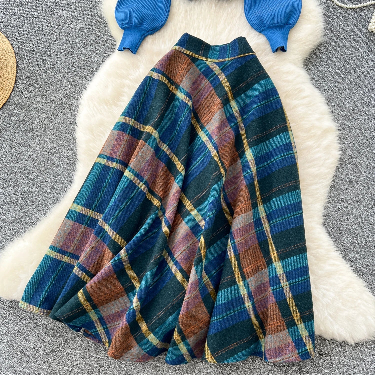 Knitted Two-Piece SetsLoose Pullovers+Plaid A Line Long Skirt High Casual Suits