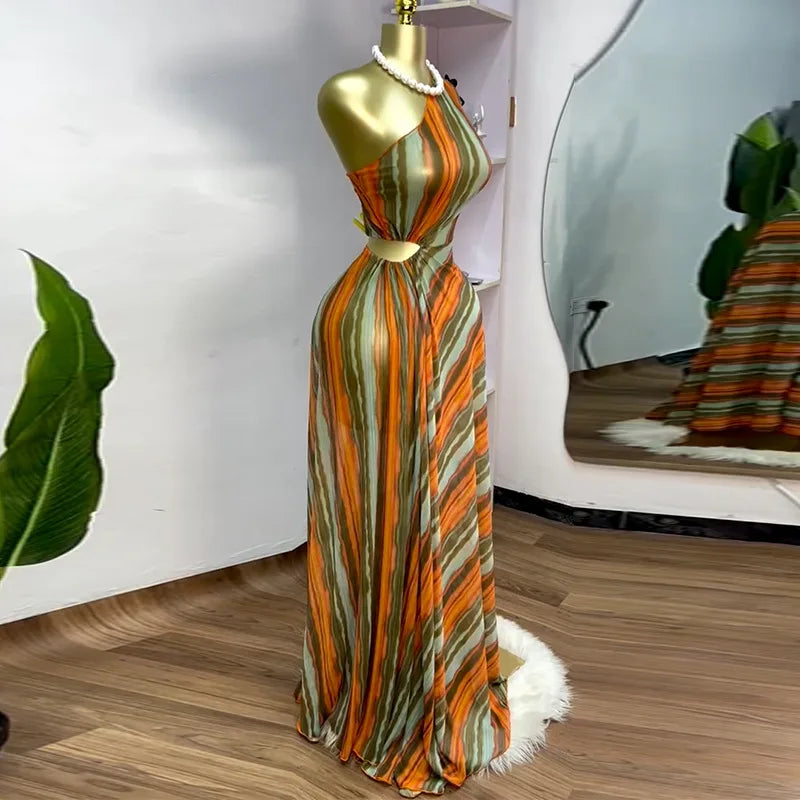 Elegant Striped Print Sleeveless Floor-Length Long Dress