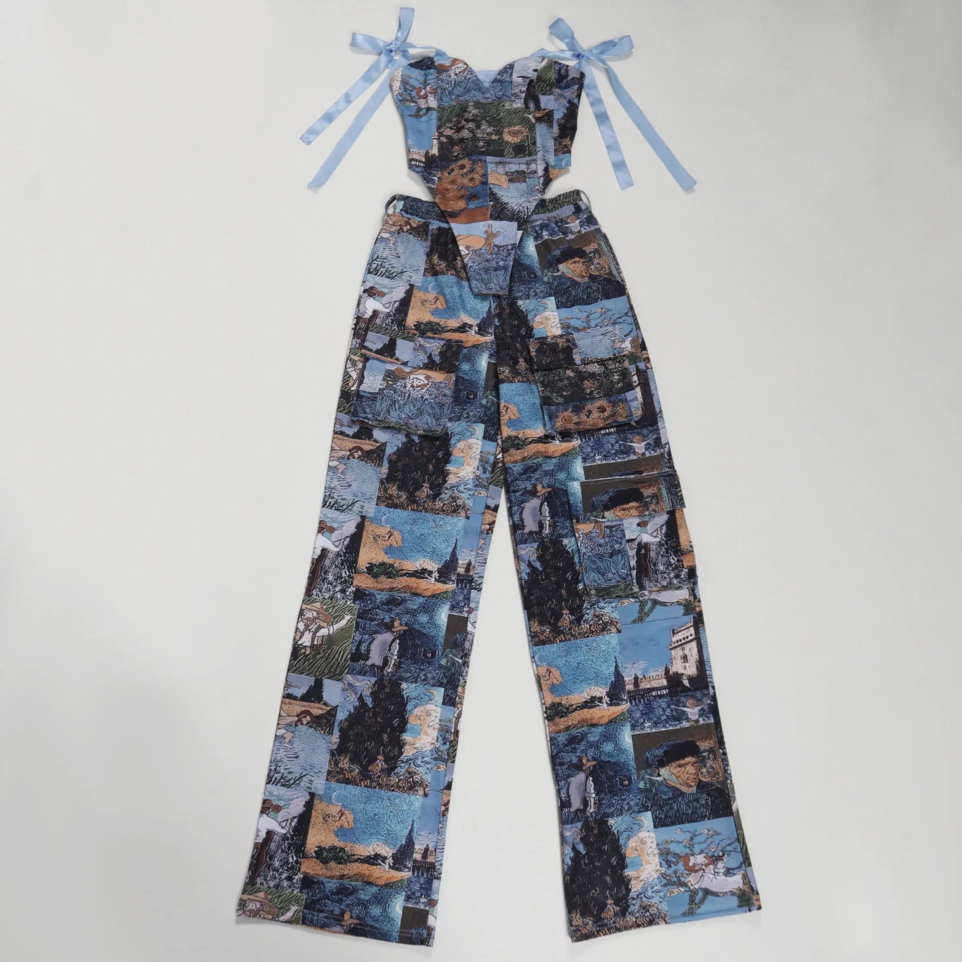 Oil Painting Ink Splash Printing Drawstring Tie Lace Multi-Pocket Straight Pants Two Piece Set