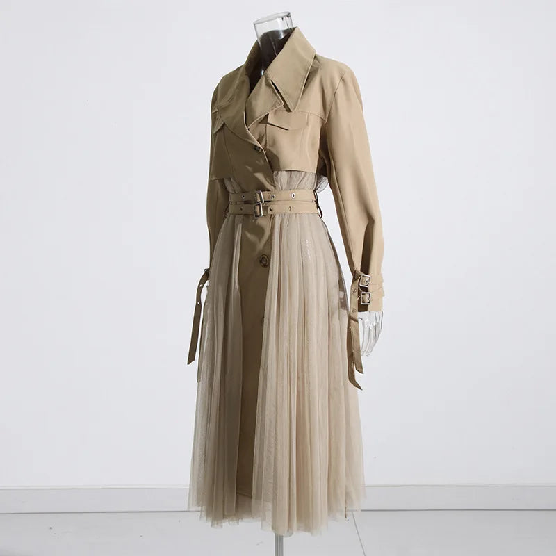 Loose Mesh Stitching Casual High Waist Long Trench Coat