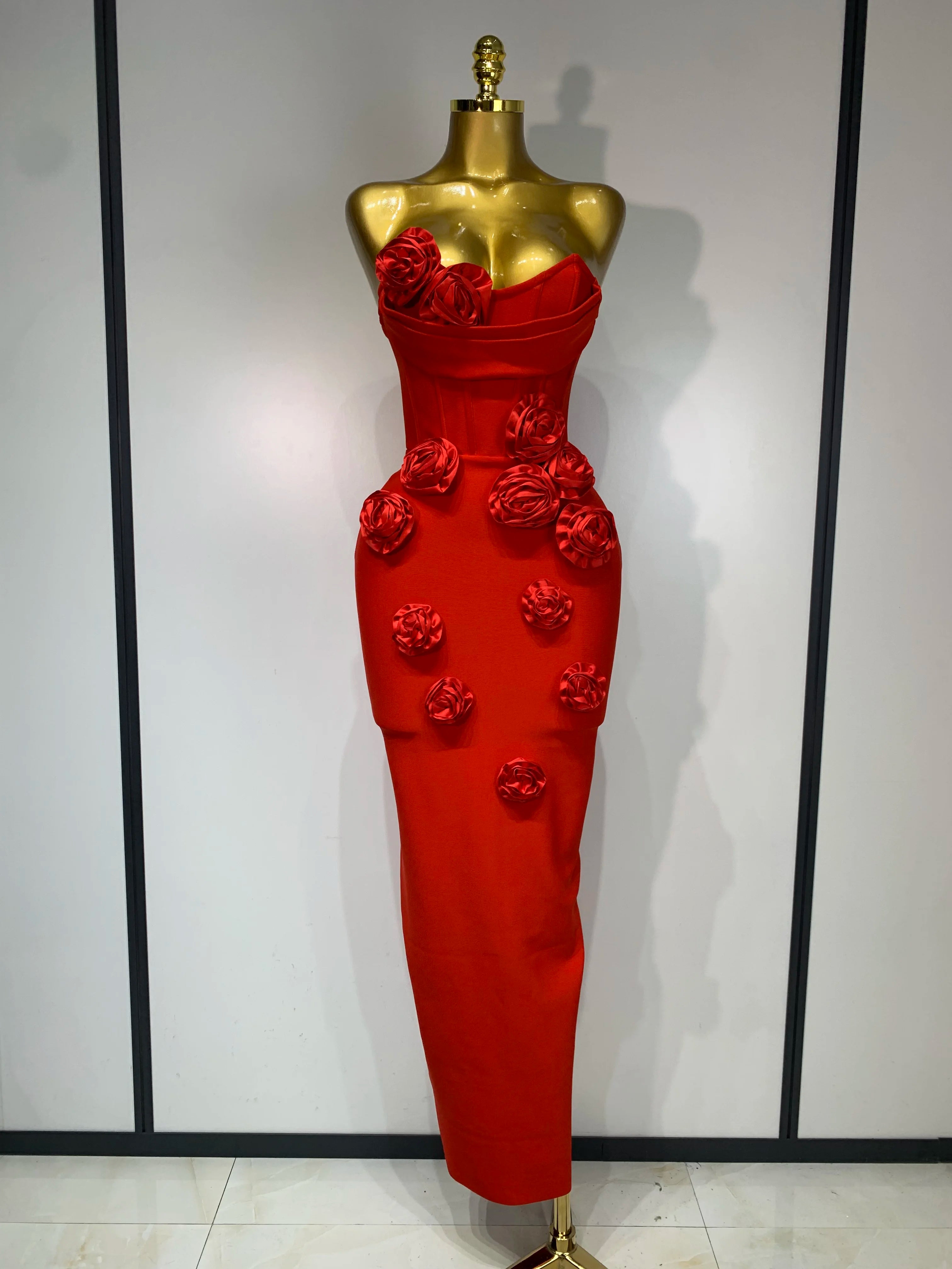 Strapless Backless Red Flower Midi Bandage Dress