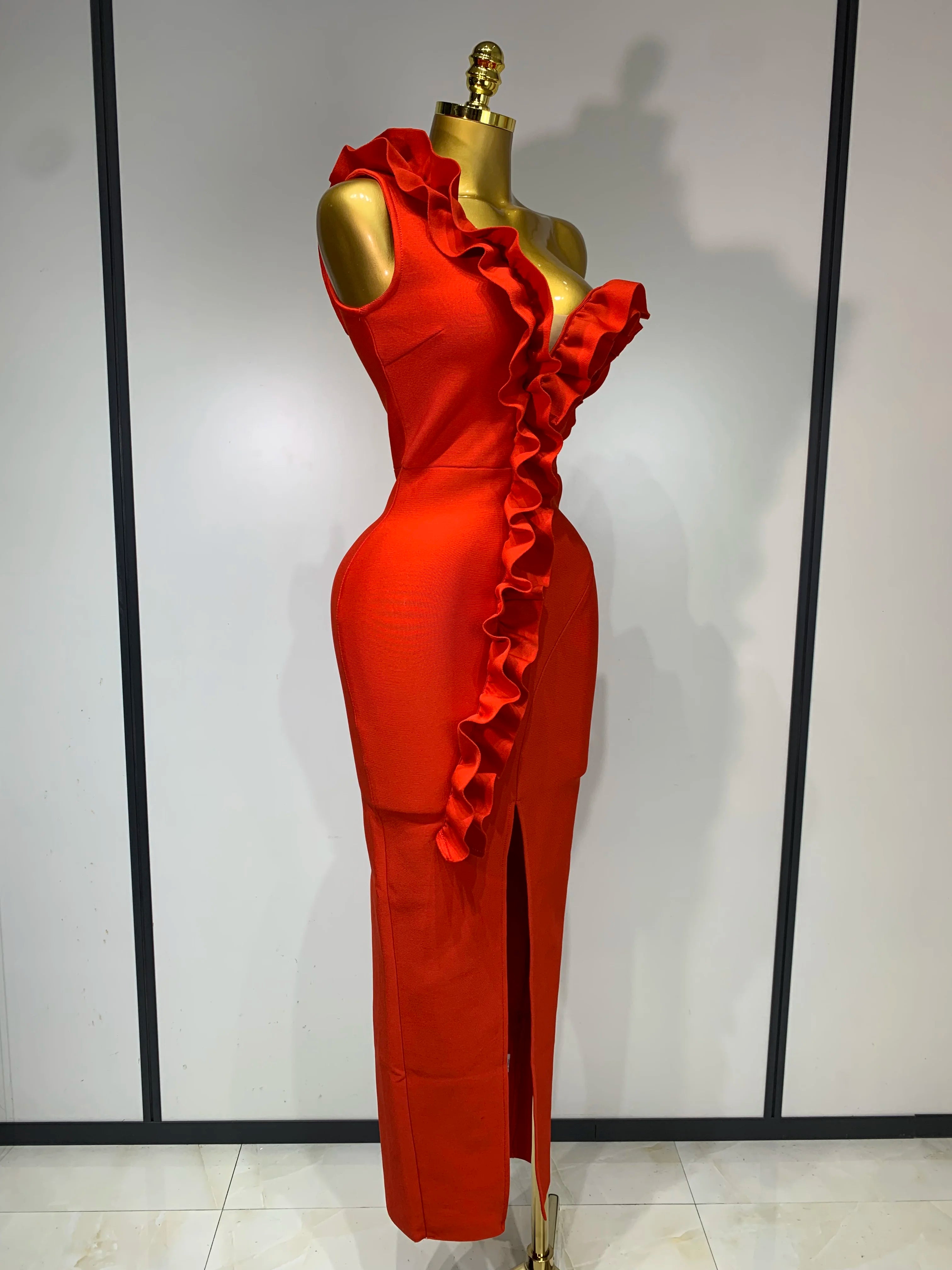 Off Shoulder Ruffles Midi Bodycon Bandage Dres