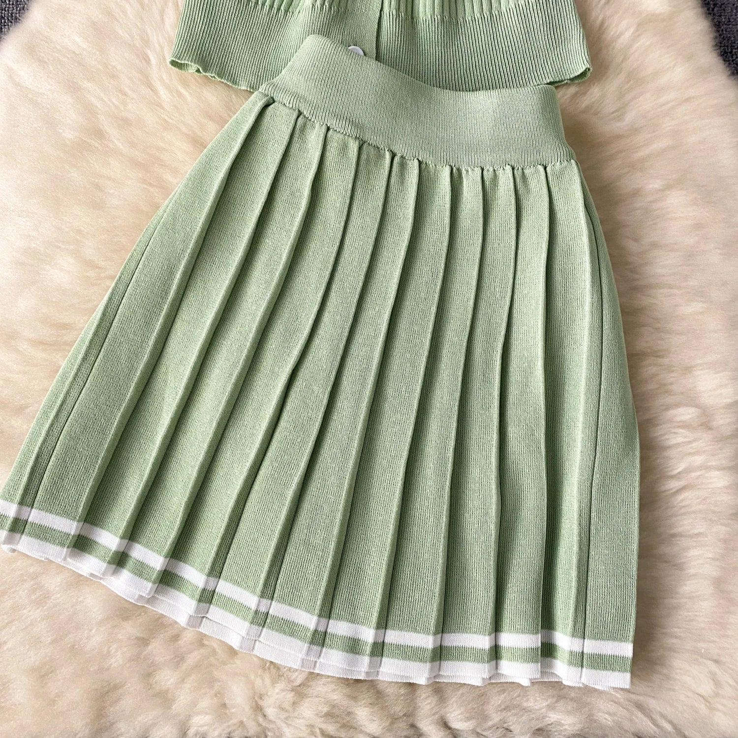 Short Sleeve Shirt+Pleated Skirt Two pcs Set