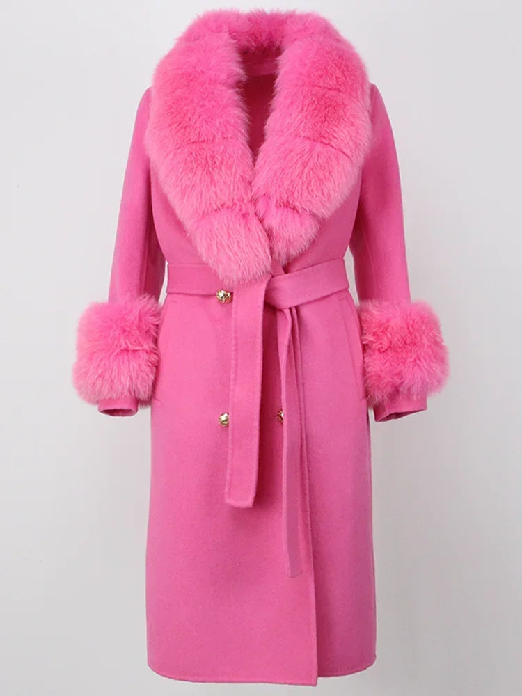 Real Fur Natural Wool Blends Cashmere Double Breasted Belt Warm Coat