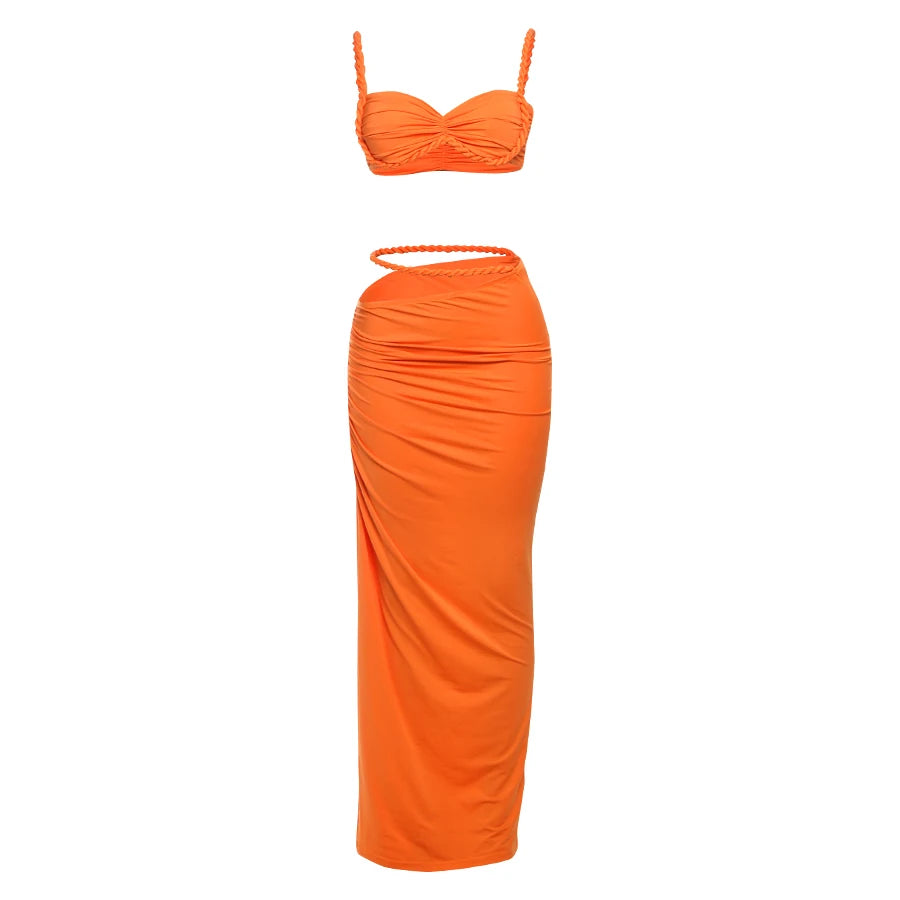 Bandage Ruched Square Collar Bra+Skirts 2 Piece Set