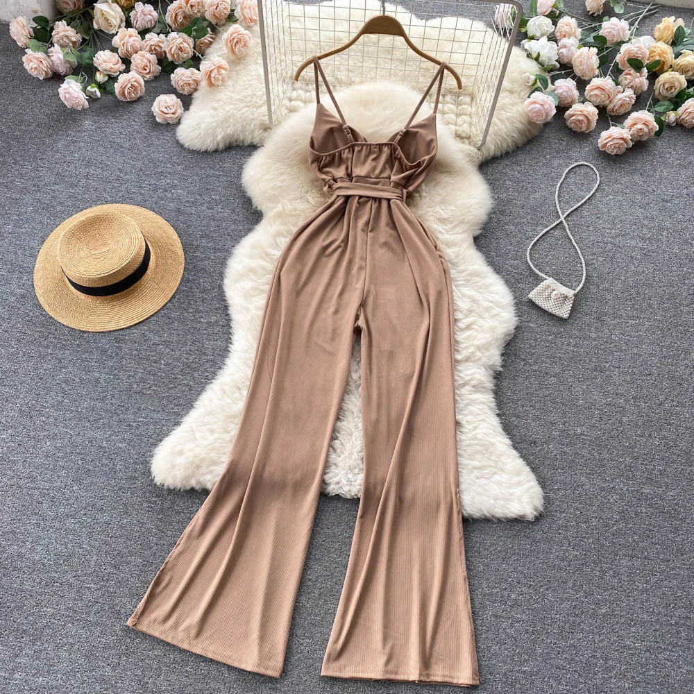 V Neck Casual Bow Fashion Strap Knitted Backless Jumpsuits