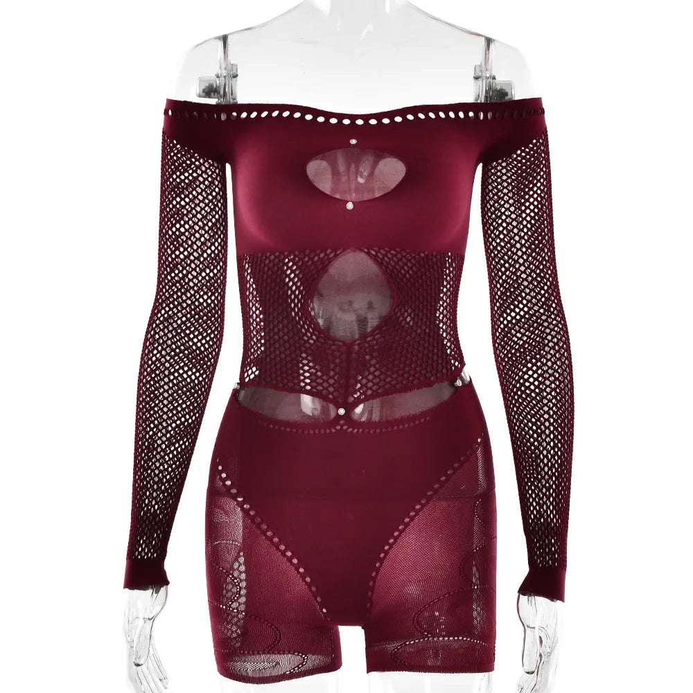 Hollow See Through Strapless Off Shoulder Full Sleeve One Piece Rompers