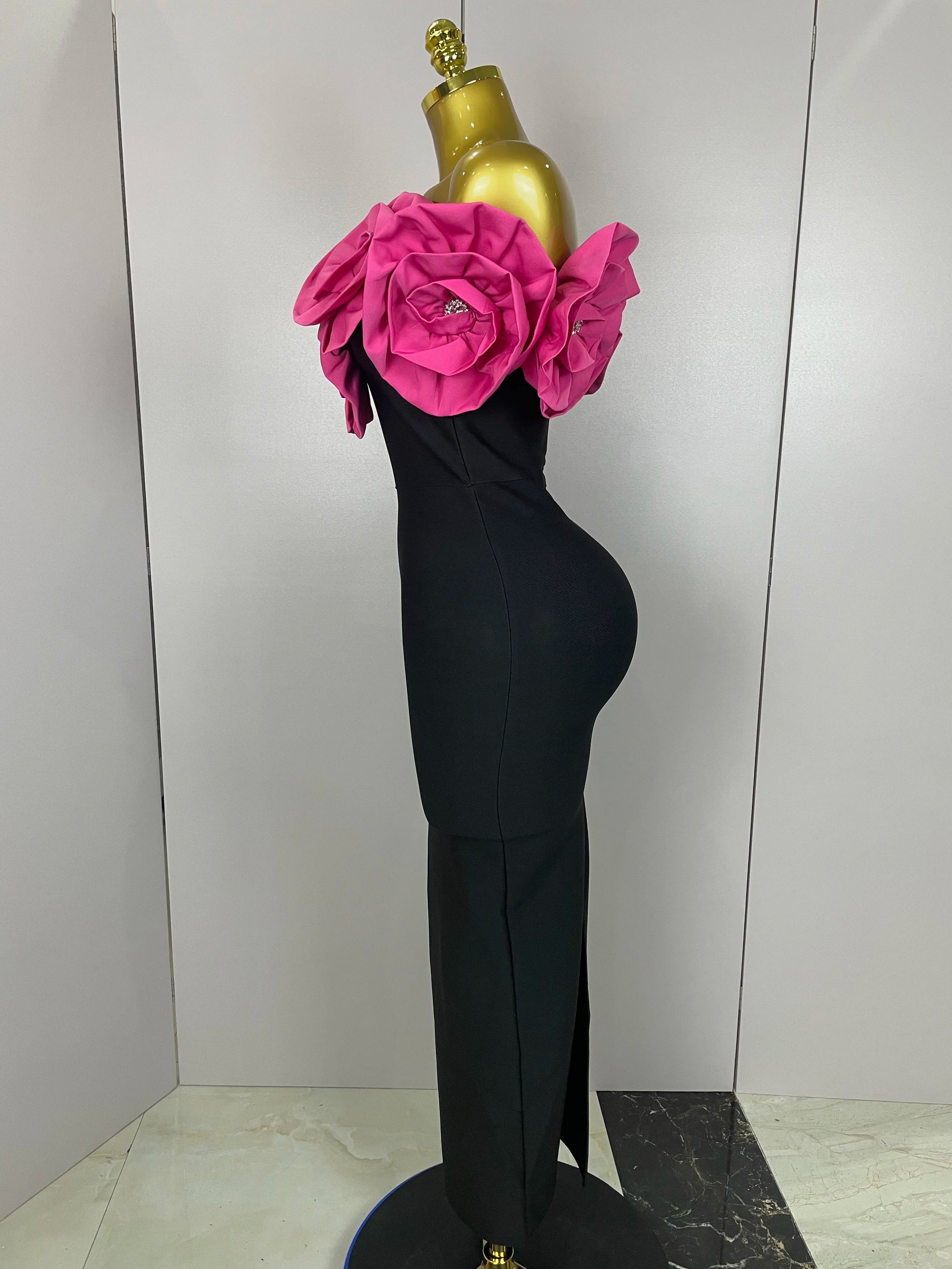 Stereoscopic Flowers Off The Shoulder Ankle Length Bandage Dress
