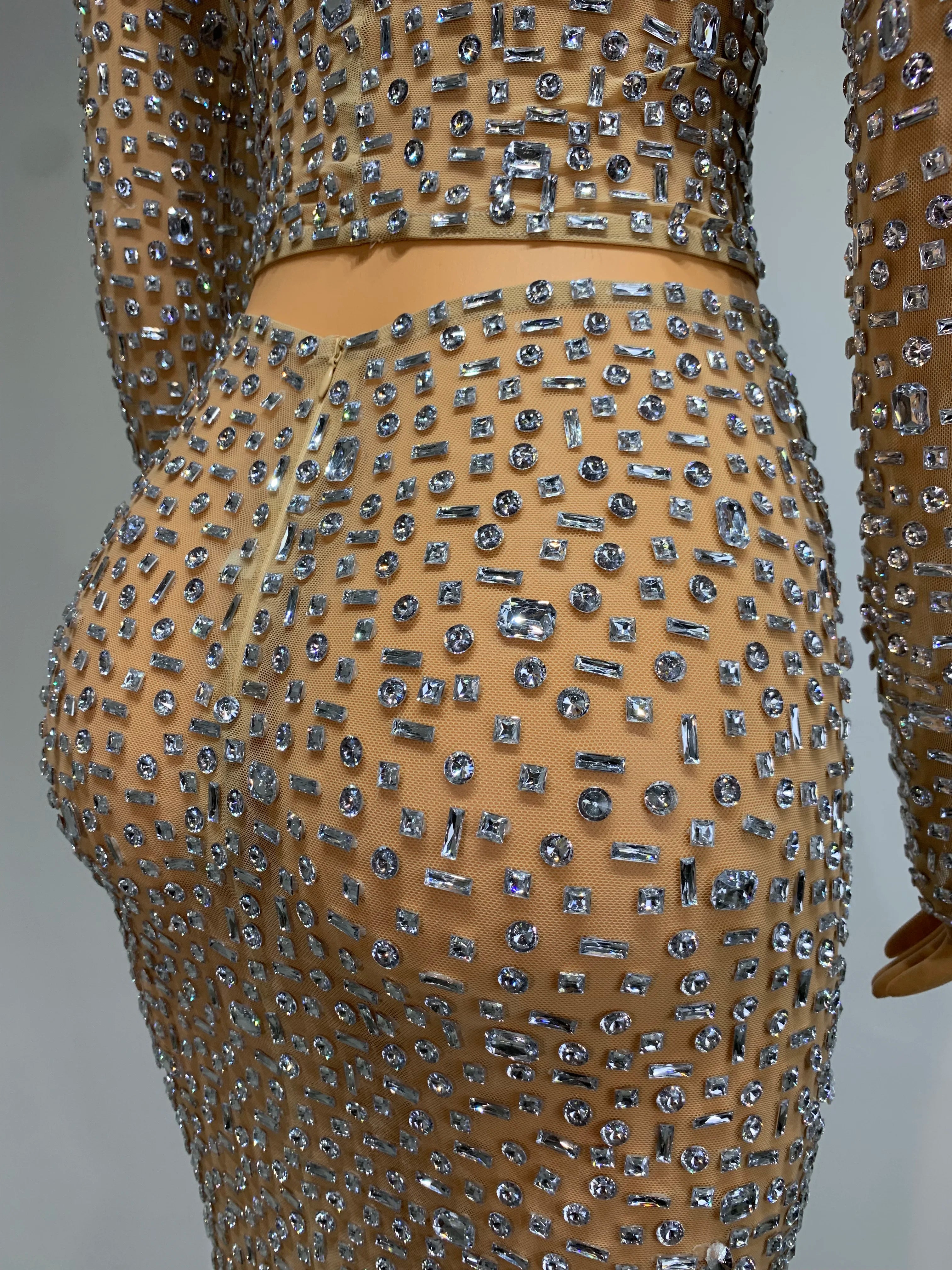 Long Sleeves Top Long Skirt Rhinestone Two Piece Set