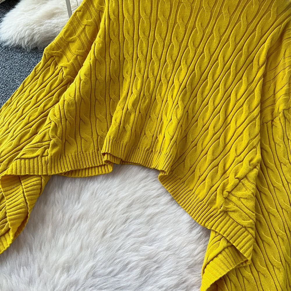 Turtleneck Sweater Suits Batwing Sleeves Short Pullovers+Bodycon Tank Dress Knitted 2Pcs Sets