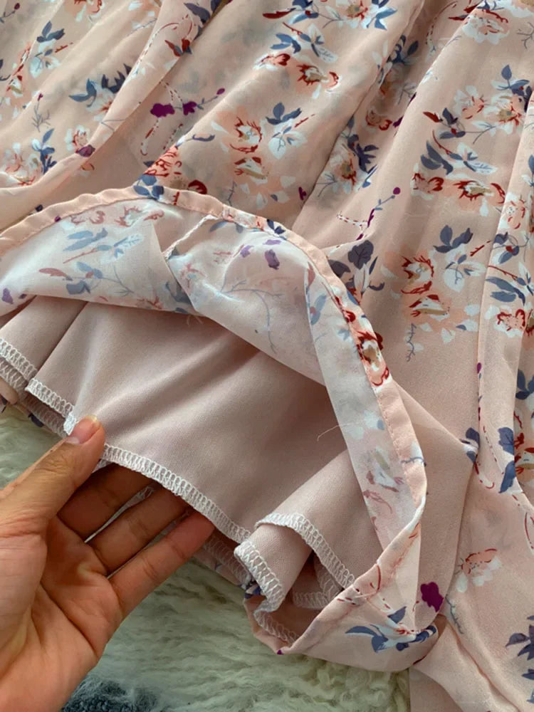 V-neck Puff Sleeves Folds Slim Floral Wide-leg Playsuit Jumpsuit
