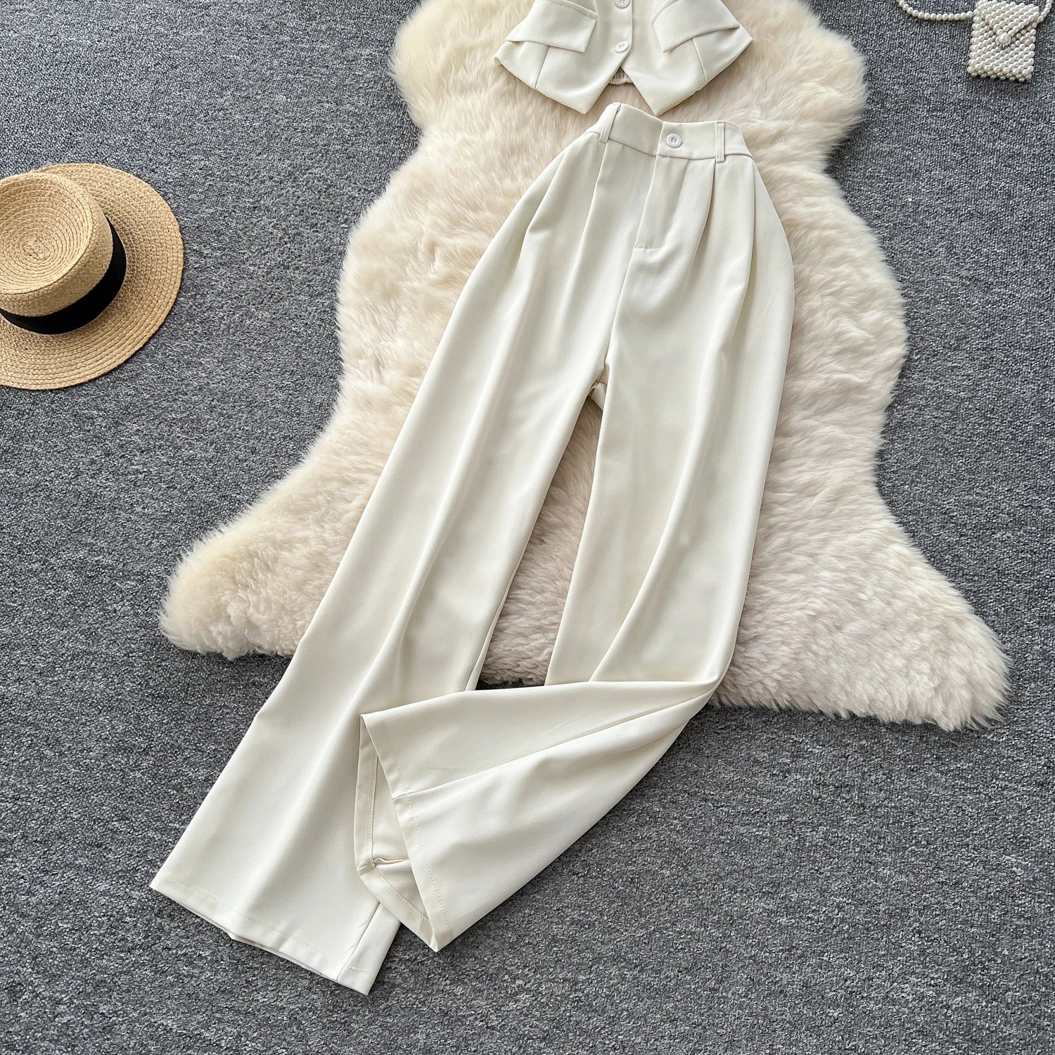 Office Lady Suits Camisole+Wide Leg Zipper Pants Chic Two Piece Set