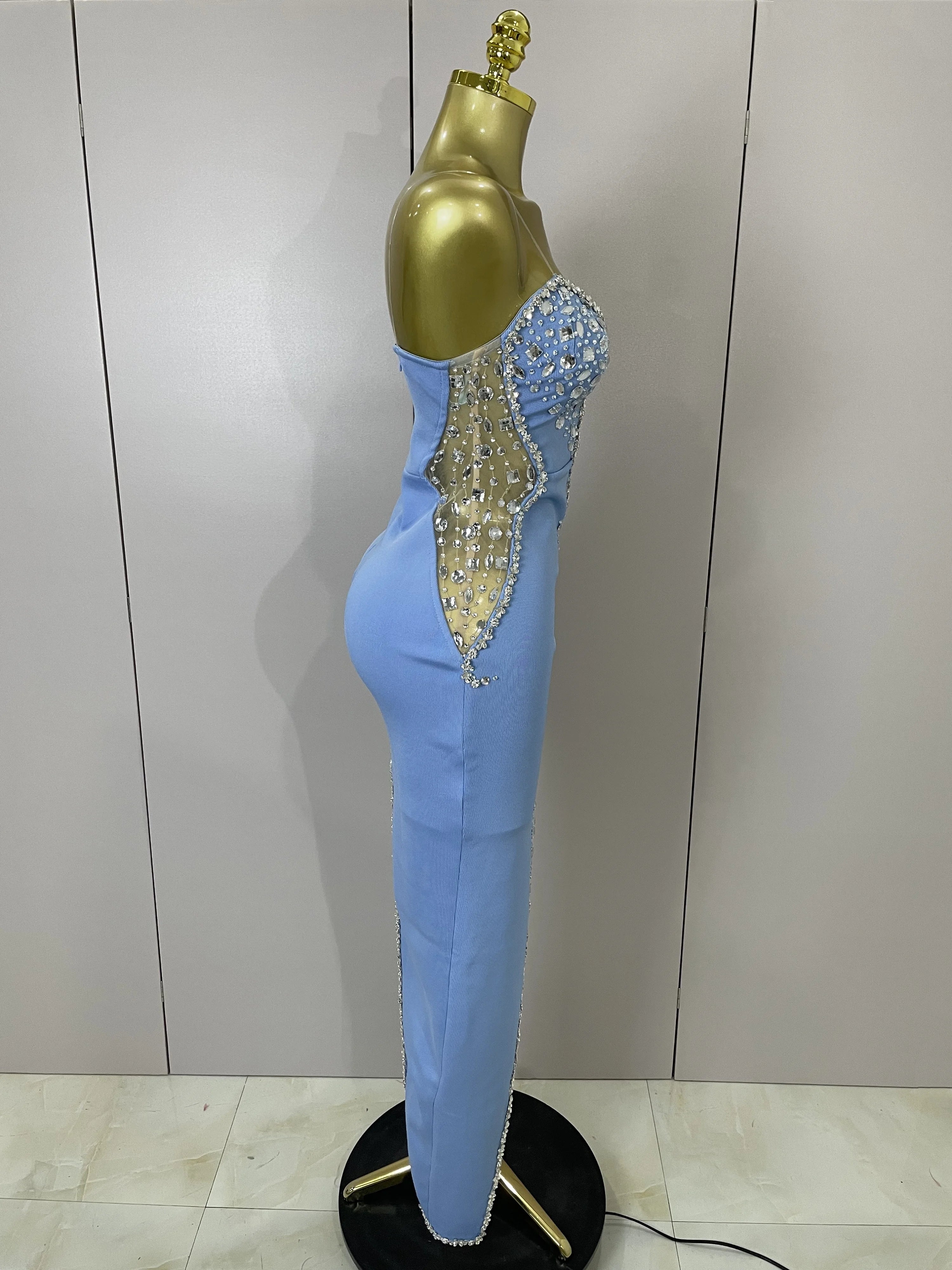 Strapless Shinning Rhinestones Bodycon Bandage Long Dress