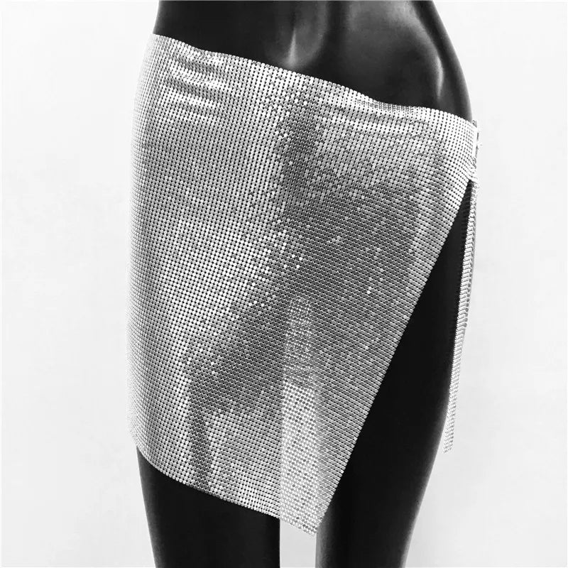 Metal Sequins 2 Piece Set Backless Halter Tank Tops Split Mini Skirts