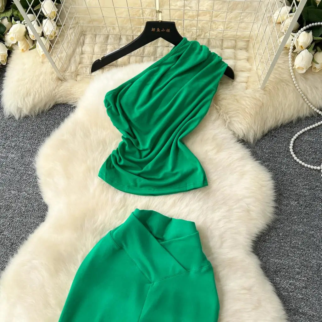 Two Pieces Sets Elegant Chic Skew Collar Pleated Tops + High Waist Flare Casual Pants  Outfits