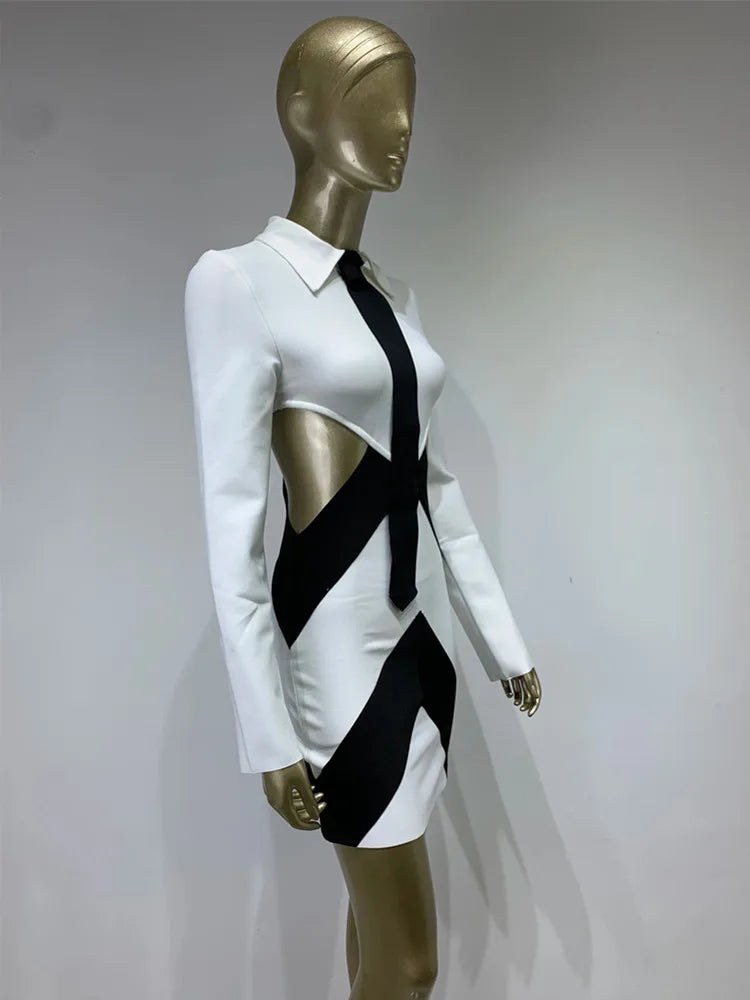 Long Sleeve Patchwork Black White Tie Cut Out Mini Bandage Dress