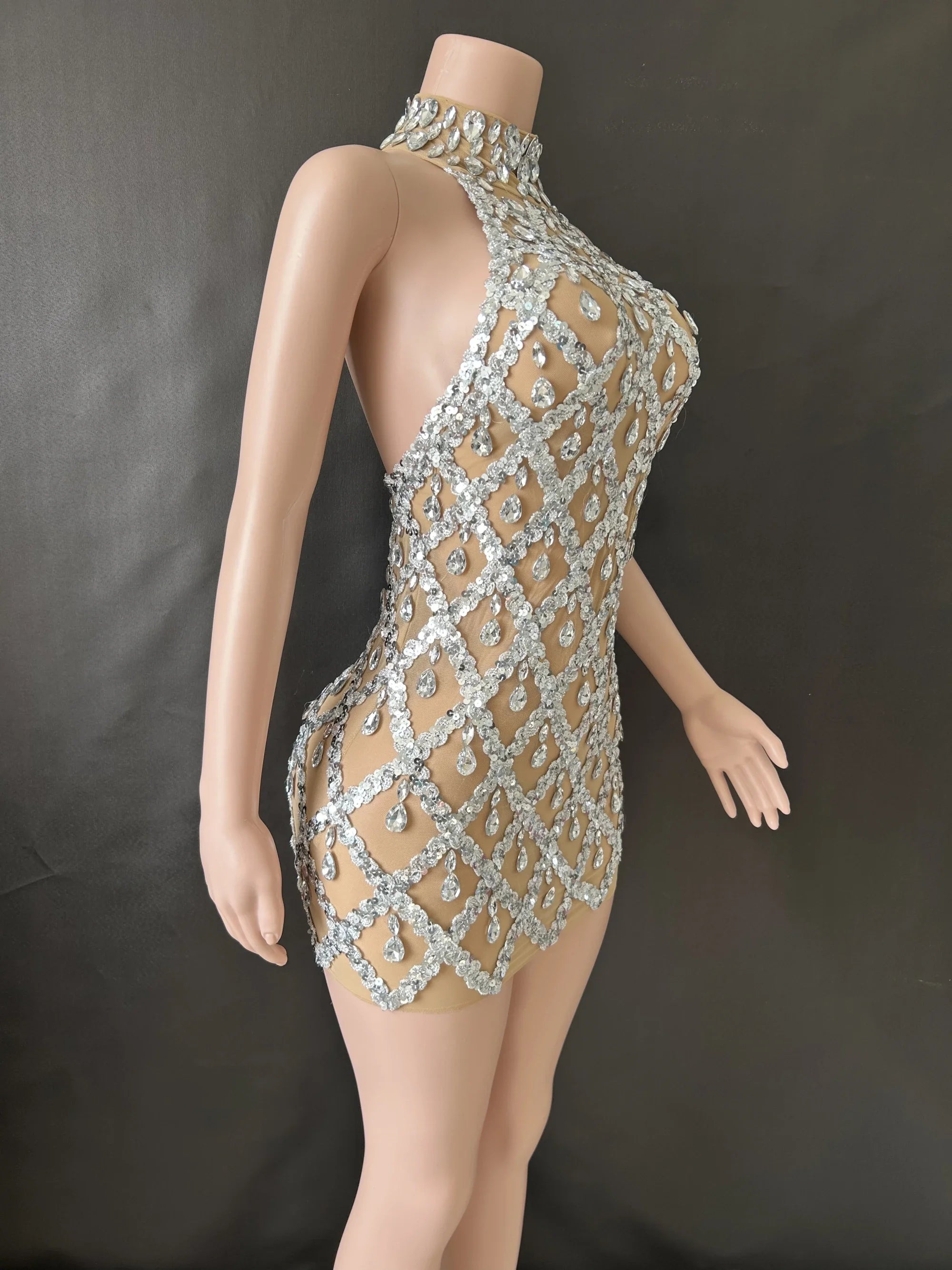 Prom Birthday Dress Transparent Rhinestone Sequins Dress