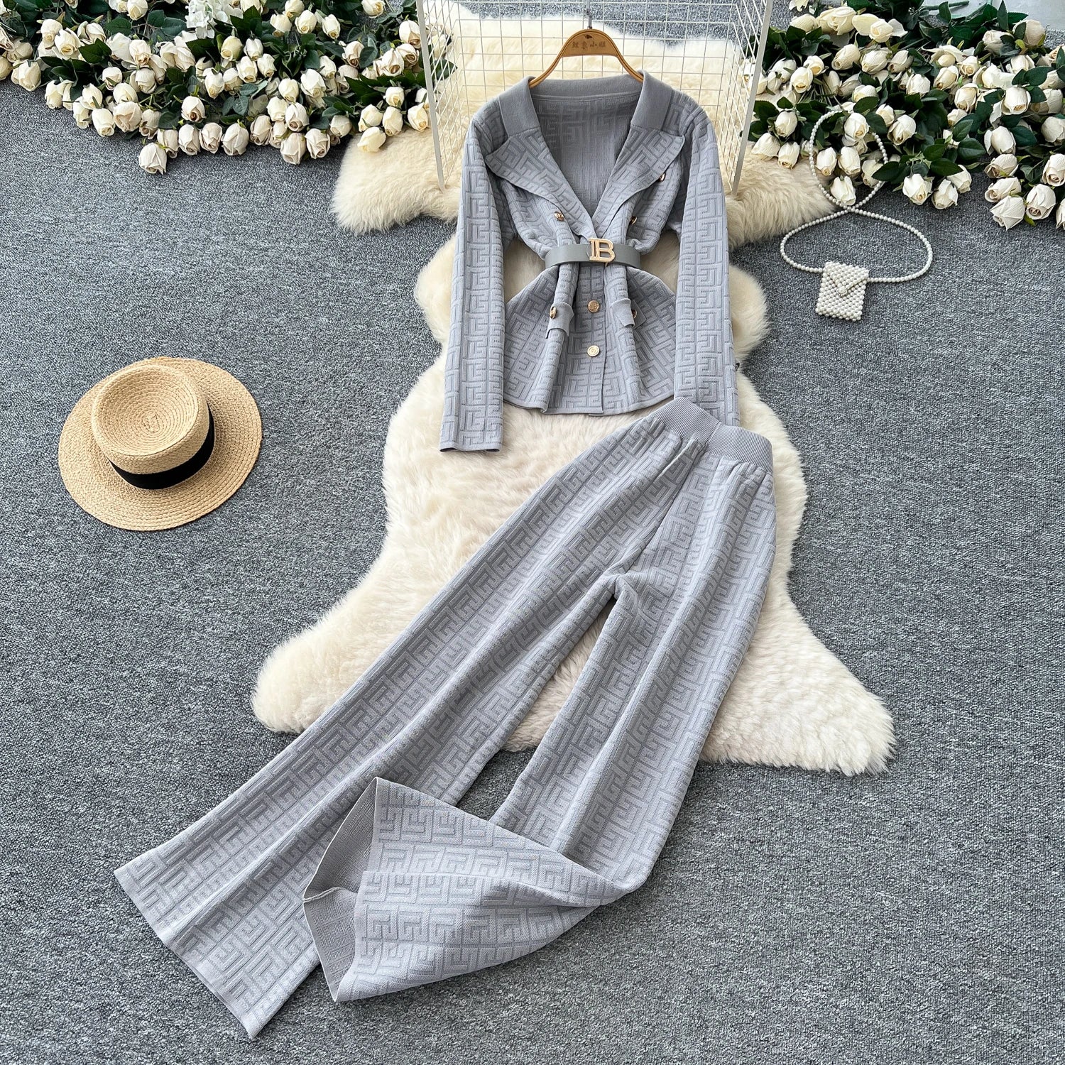Knitted Long Sleeve Tops+Wide Trousers  Two Pieces Set
