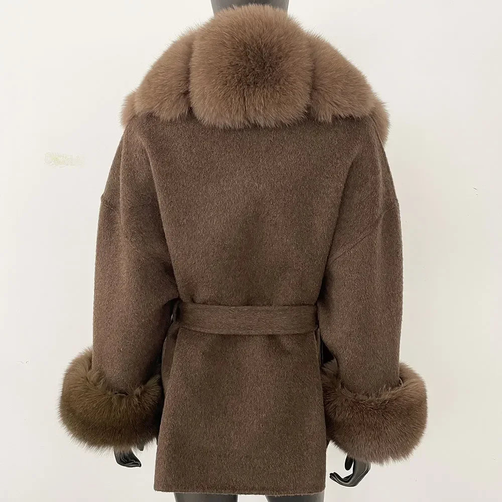 Winter Loose Outerwear Casual Natural Real Raccoon Fox Fur Blends Wool Coat