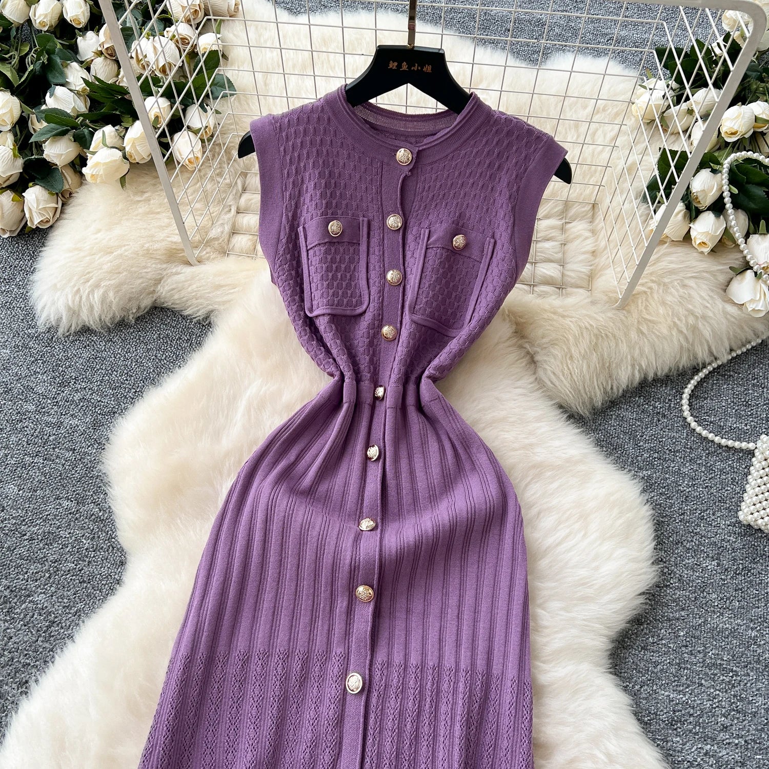 Office Lady Dress O Neck Sleeveless Single Breasted Chic Knitted Dress