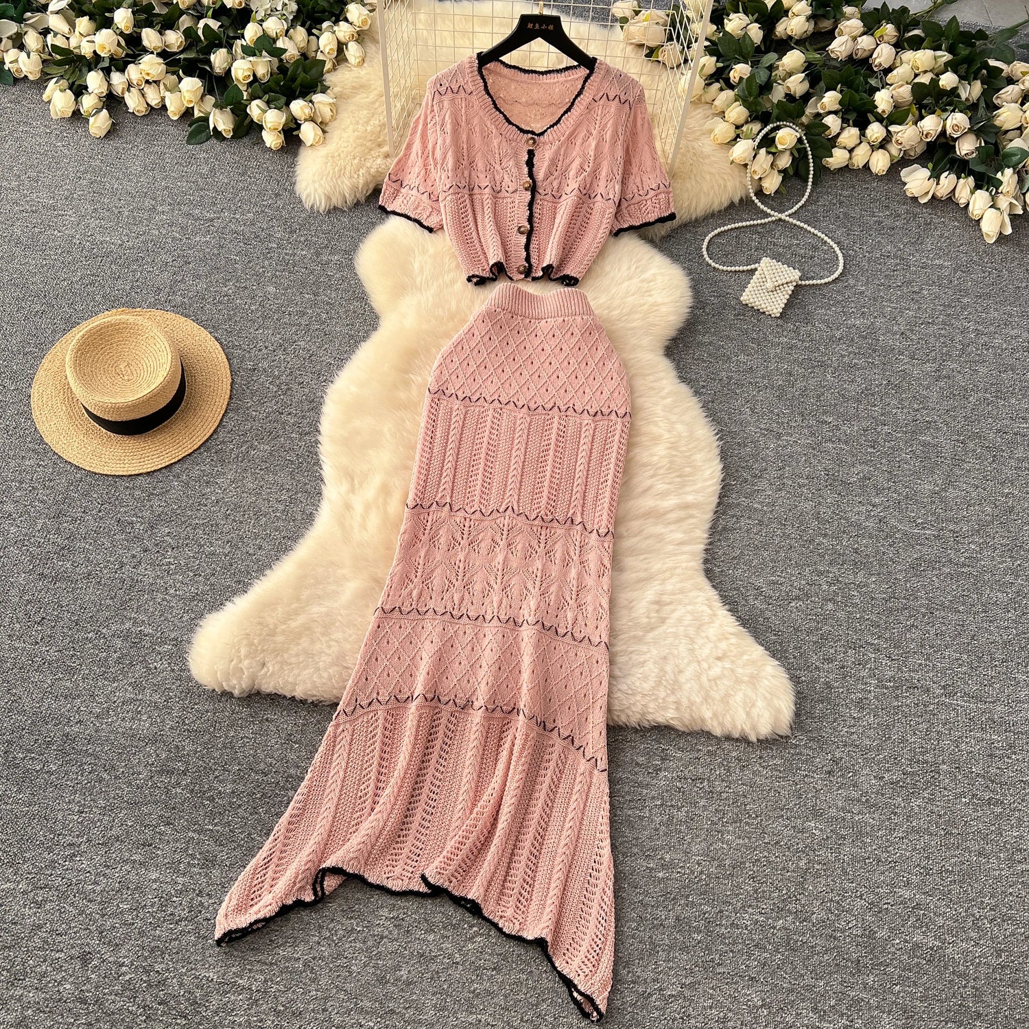 Short Sleeve O Neck Tops+Bodycon Skirt Hook Flower Hollow Two pcs Set