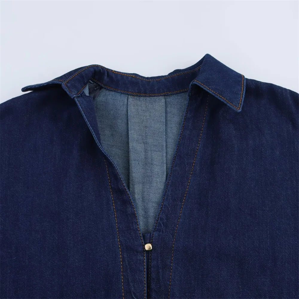 Denim Set Loose Fit Button Down Shirt With Wide Leg Pants