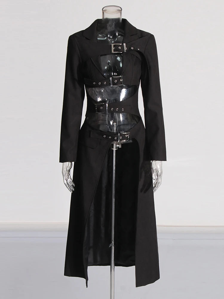 Solid Hollow Out Lapel Long Sleeve Spliced Belt Chic Asymmetrical Jackets