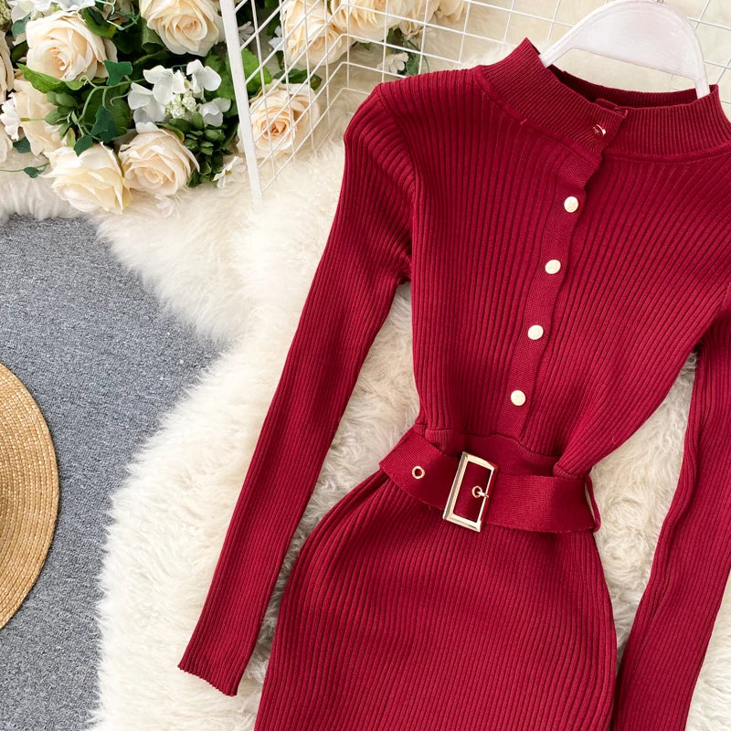 Elegant Casual Knit Belt O Neck Button Long Sleeve Solid Elastic Waist Slim Winter Sweater Dresses