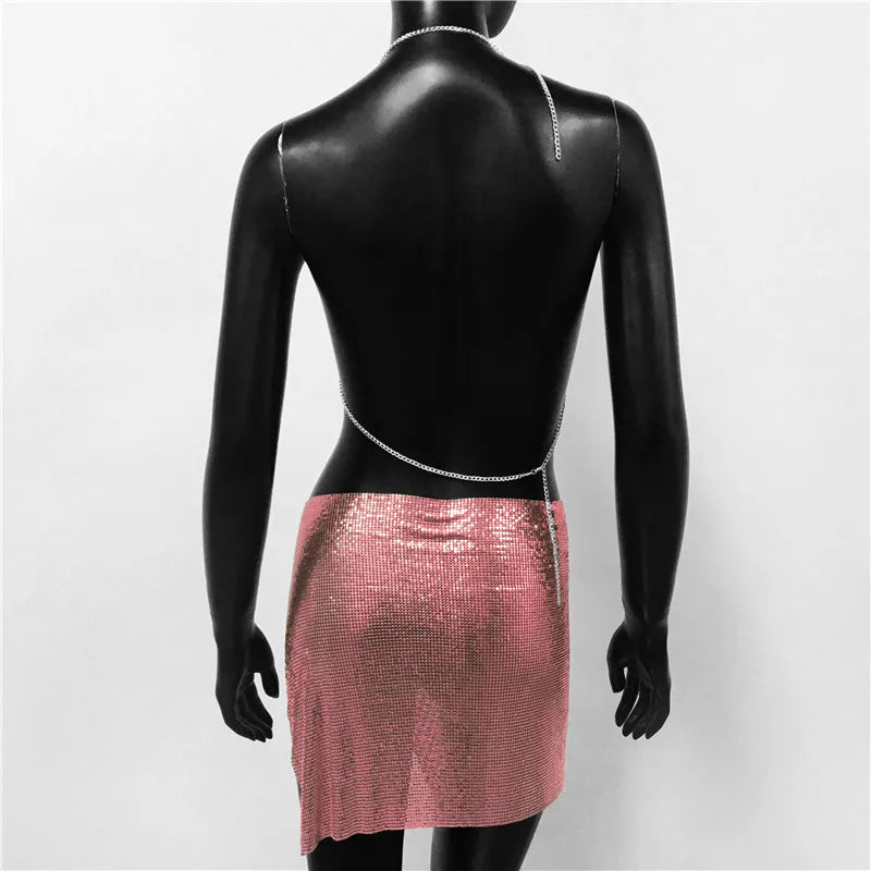 Metal Sequins 2 Piece Set Backless Halter Tank Tops Split Mini Skirts