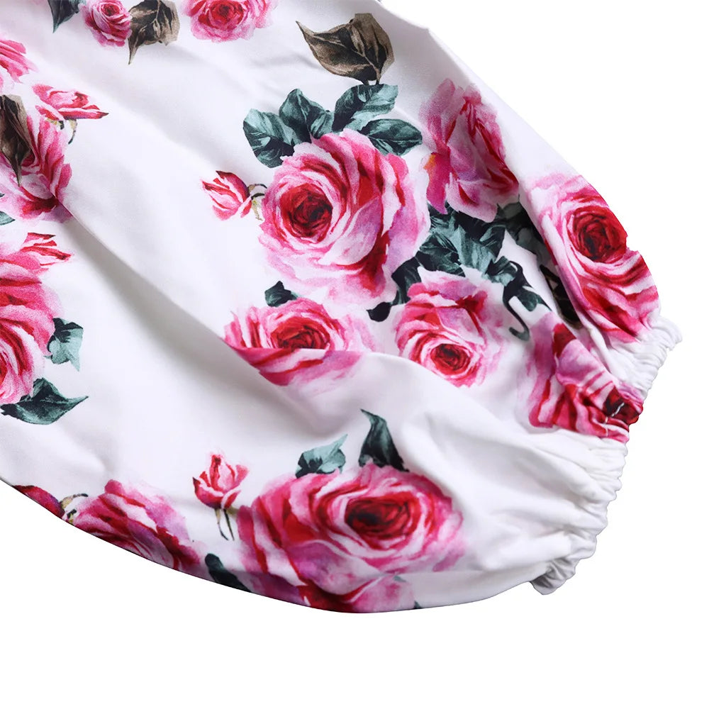 Two Piece Sets Slim Fit Print Floral Round Neck Lantern Sleeve Elegant Splice Wide Leg Long Pants