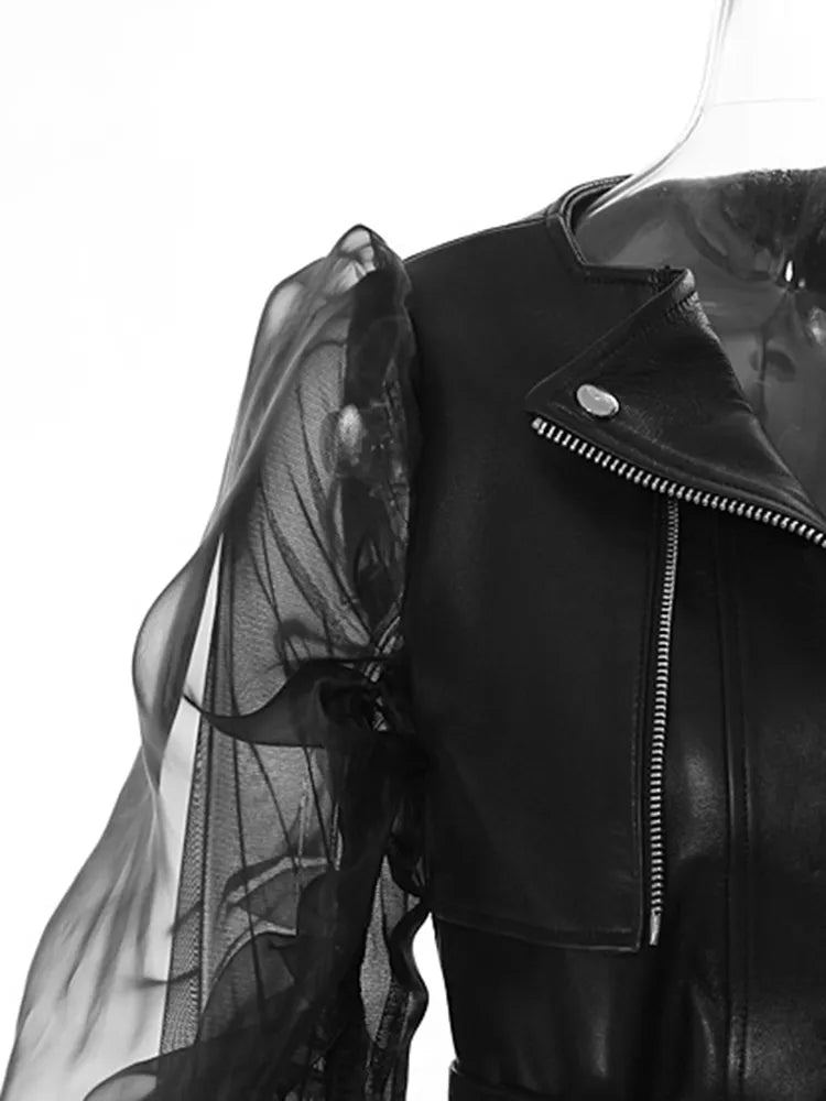 Loose Fit Black Pu Leather Mesh Elegant Jacket