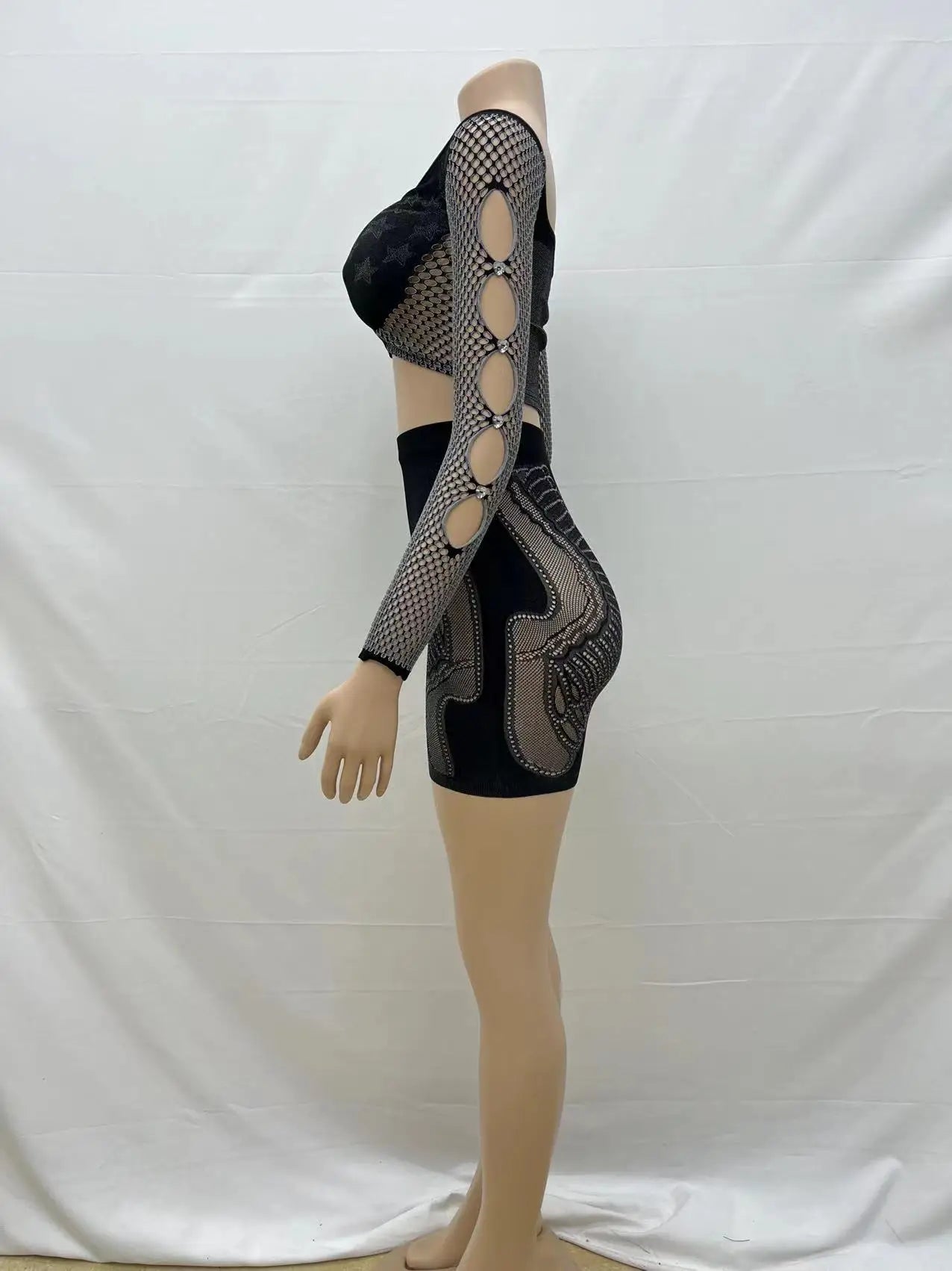 Patchwork Rhinestone Off Shoulder Long Sleeve Crop Tops and Shorts Set