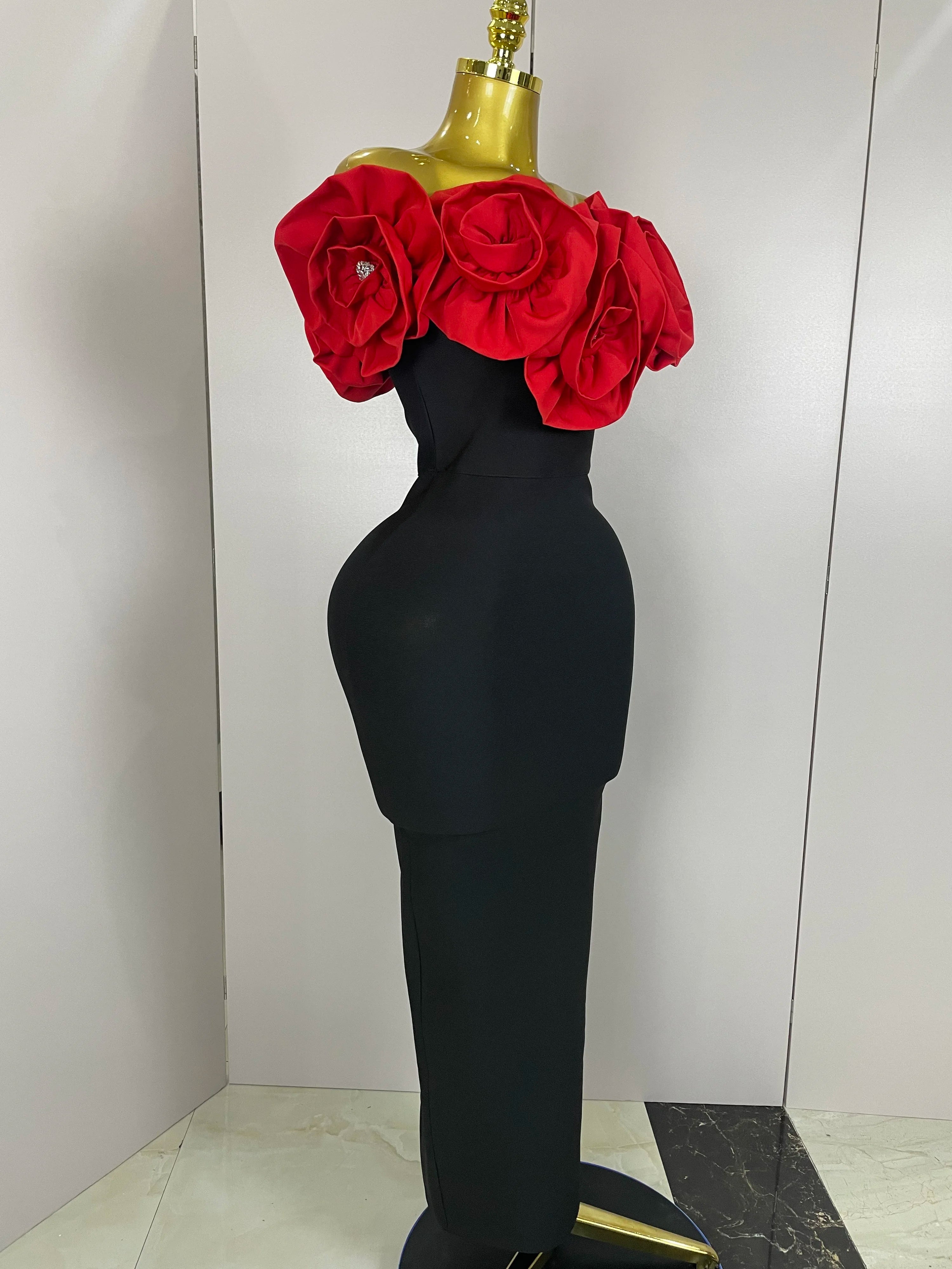 Stereoscopic Flowers Off The Shoulder Ankle Length Bandage Dress