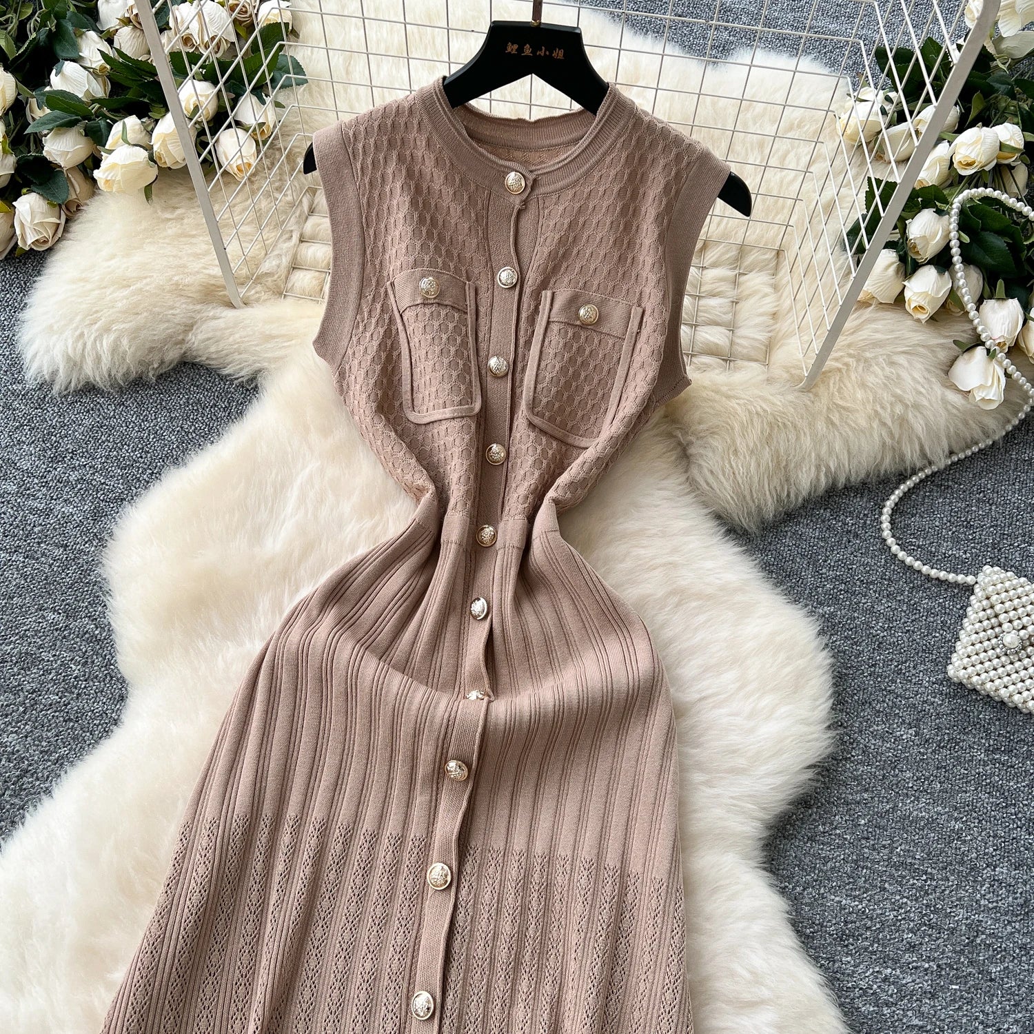 Office Lady Dress O Neck Sleeveless Single Breasted Chic Knitted Dress