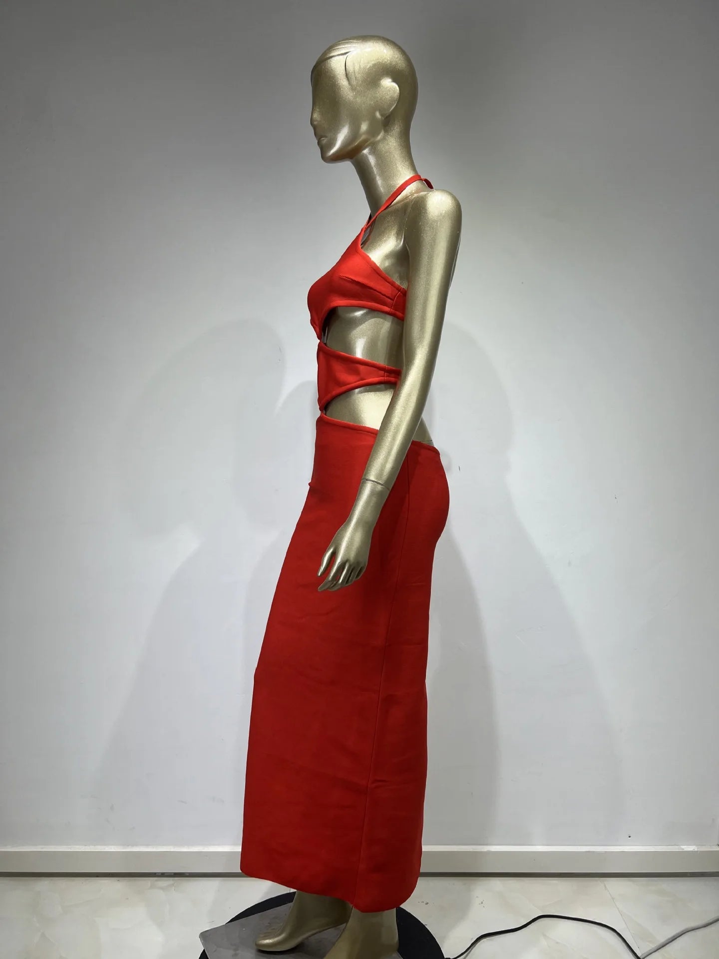 Backless Halter Cut Out Red Maxi Long Bandage Dress