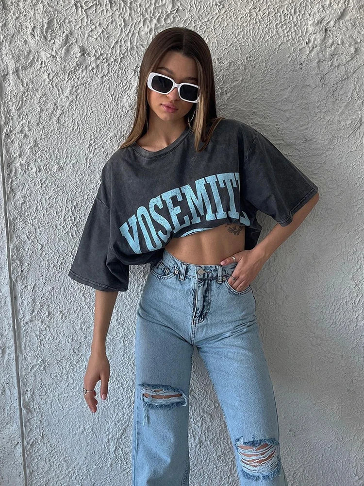 Vintage Cotton T-shirts Streetwear Soft Mineral Tees Girl Loose Luxury Y2k Tops