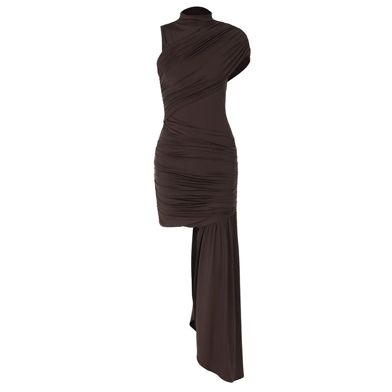 Elegant Turtleneck Sleeveless High Waist Pleated Irregular Draped Ruched Sexy Mini Dress