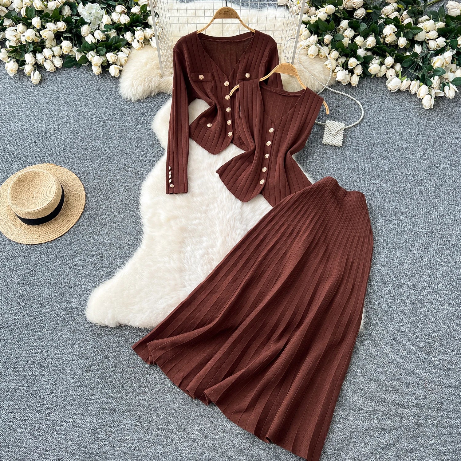 Knitted Full Sleeves Tops+Single Breasted Tank Tops+Elastic Waist Skirt  Suits