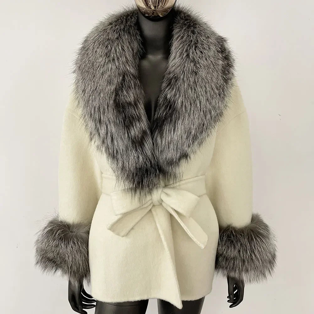 Winter Loose Outerwear Casual Natural Real Raccoon Fox Fur Blends Wool Coat