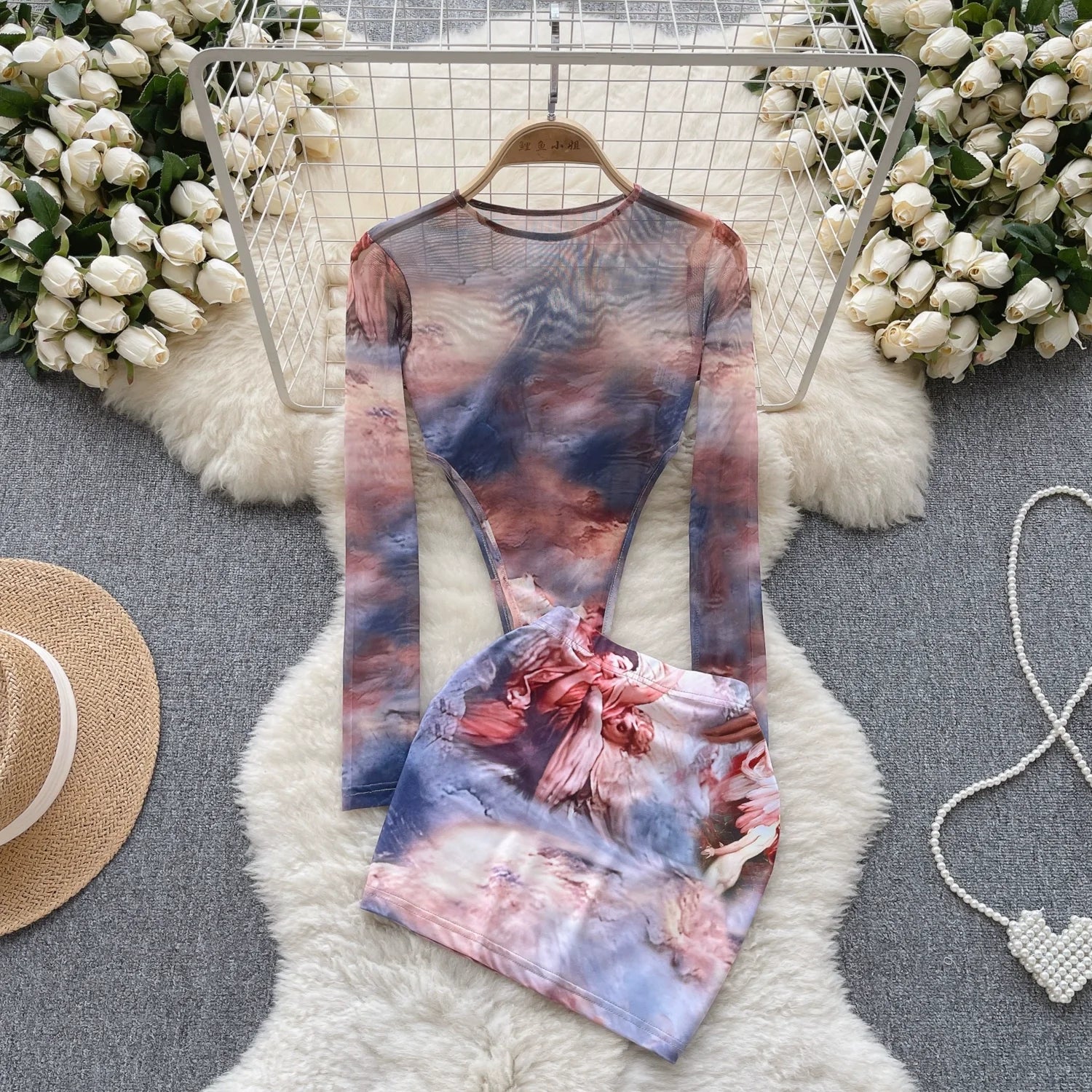 Two-Piece Set Long Sleeve Tops Short Mini Skirt for Women