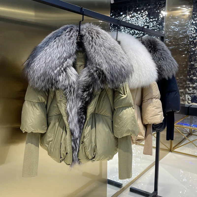 Puffer Duck Down Coat Real Silver Fox Fur Collar Parkas