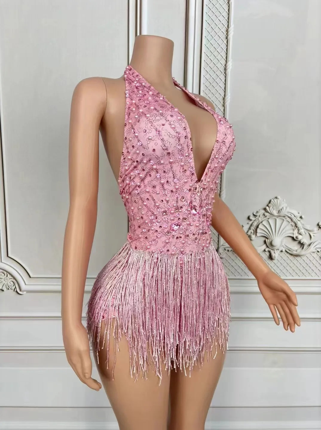 Luxury Deep V Pink Tassel Jumpsuit