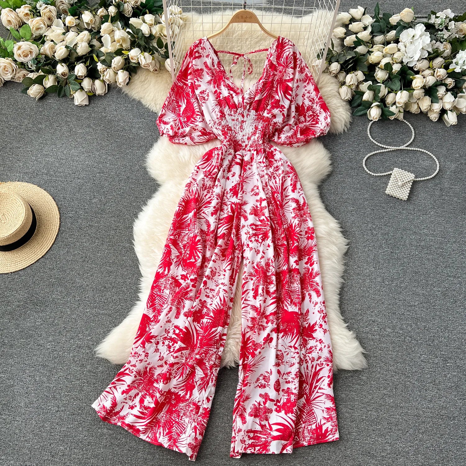 V Neck Dolman Sleeves Floral Print Wide Leg Jumpsuit